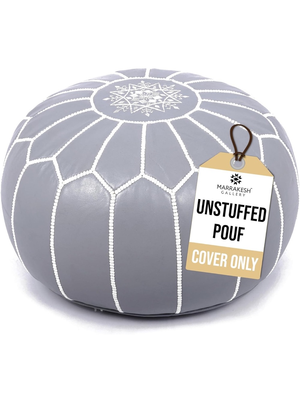 Gray Leather Moroccan Pouf Cover